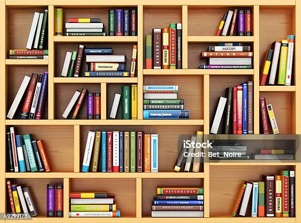 Education Concept Bppks And Textbooks On The Bookshelf Stock Photo - Download Image Now