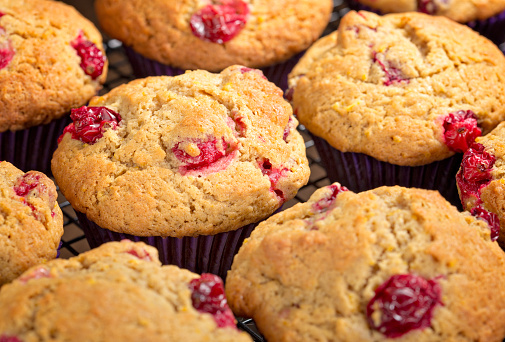 Freshly baked cranberry muffins cooling on a rack