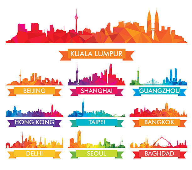 colorful skyline of asian cities - çin cumhuriyeti illüstrasyonlar stock illustrations