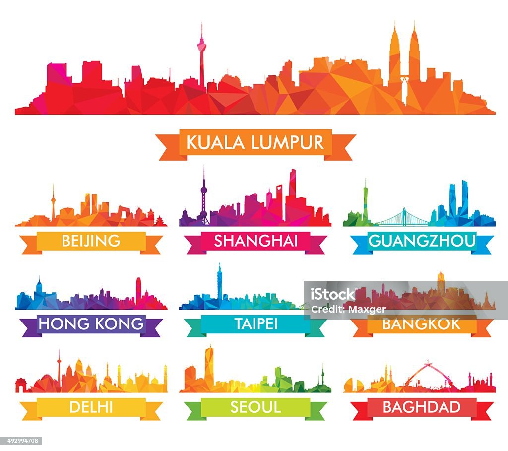 Colorful Skyline of Asian Cities Urban Skyline stock vector