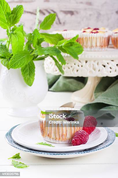 Ricotta Mini Cheesecake With Fresh Raspberries Stock Photo - Download Image Now - 2015, Backgrounds, Baked Pastry Item