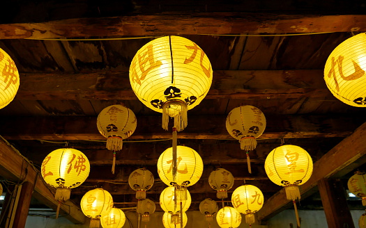 Yellow Chinese lanterns hung during Vegetarian Festival