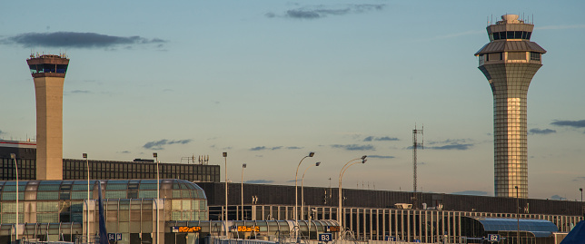 Two air traffic control towers at Chicago's O'Hare International Airport