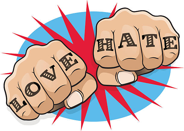 Vintage Pop Art Love and Hate Punching Fists. vector art illustration