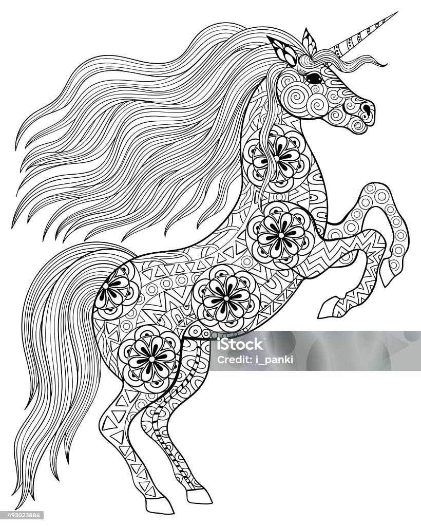 Hand drawn magic Unicorn for adult anti stress Coloring Page Hand drawn magic Unicorn for adult anti stress Coloring Page with high details isolated on white background, illustration. Vector monochrome sketch. Animal collection. Coloring Book Page - Illlustration Technique stock vector