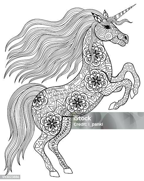 Hand Drawn Magic Unicorn For Adult Anti Stress Coloring Page Stock Illustration - Download Image Now