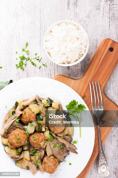 Chicken Meatballs With Oyster Mushrooms Stock Photo - Download Image Now - 2015, Above, Appetizer