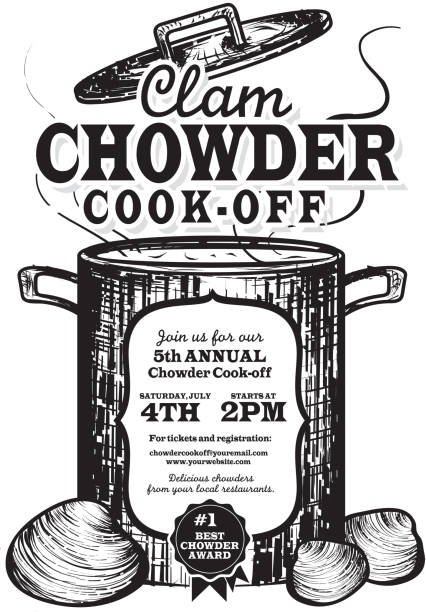 Clam Chowder cookoff event invitation design template Vector illustration of a Clam Chowder invitation design template. Vintage and retro look. Includes cookin pot or crock pot with open lid, clams, woodcut style. White or isolated on white background. Perfect for cook off invitation design template or poster advertisement flyer. Private or corporate party, festival, event, birthday party, fun family event gathering, potluck supper. chowder stock illustrations