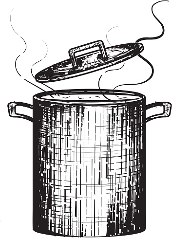 Kitchen Pot with simmering with open lid and steam. Vintage and retro woodcut look. Includes open lid, woodcut style. On white or isolated on white background. Perfect for cook off design template or poster advertisement flyer. Cooking pot, kitchenware, cooking, food, food preparation, gathering, preparing food or soup, Vector illustration black and white line work.