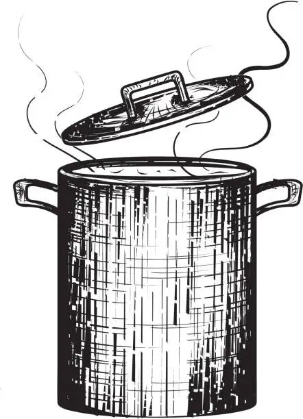 Vector illustration of Black and white woodcut Soup Pot  simmering steam open lid