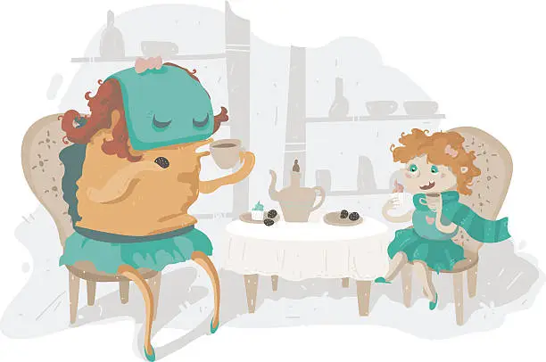 Vector illustration of Tea party with monster and girl, eating sweets, drinking tea.
