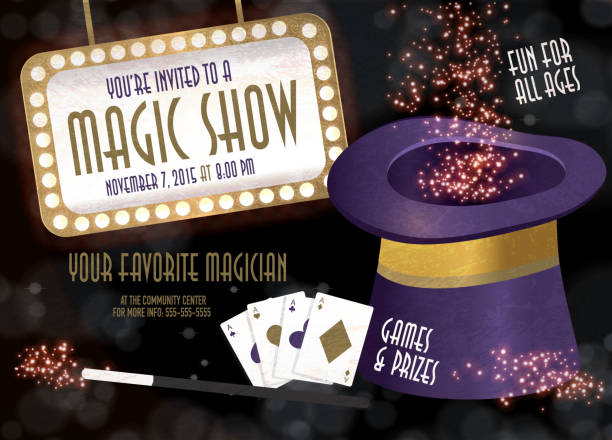 Magic Show entertainment night invitation design template Vector illustration of a Magic Show entertainment night invitation design template. Bokeh background. Includes sample text design and light sign board, sparkles, purple magic hat with wand, fanned cards. Template flyer design for any party, birthday celebration, magician advertisement poster, kids party or adult magic show party.. Illustrator 10 eps file with high resolution jpg. magic show stock illustrations