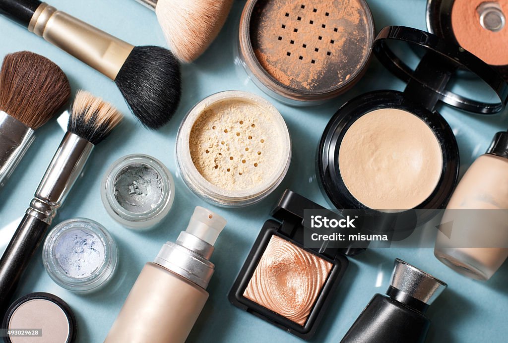 set of  decorative cosmetic set of  decorative cosmetic powder, concealer, eye shadow brush, blush, foundation Make-Up Stock Photo