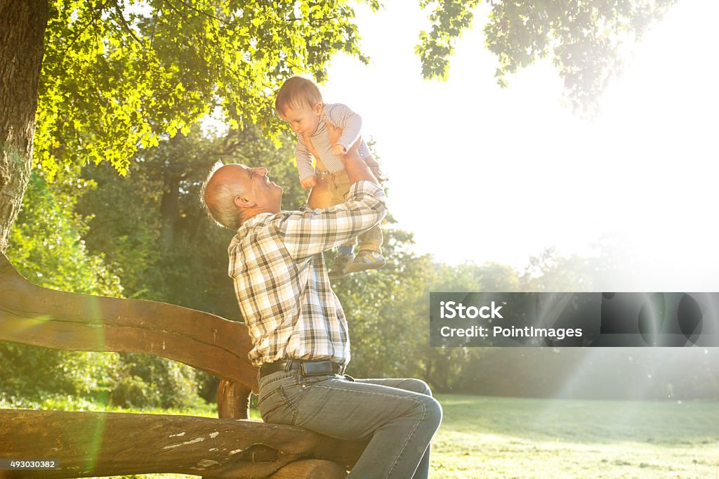 grandfather with grandson in park Playful grandfather spending time with his grandson in park on sunny day Baby - Human Age Stock Photo