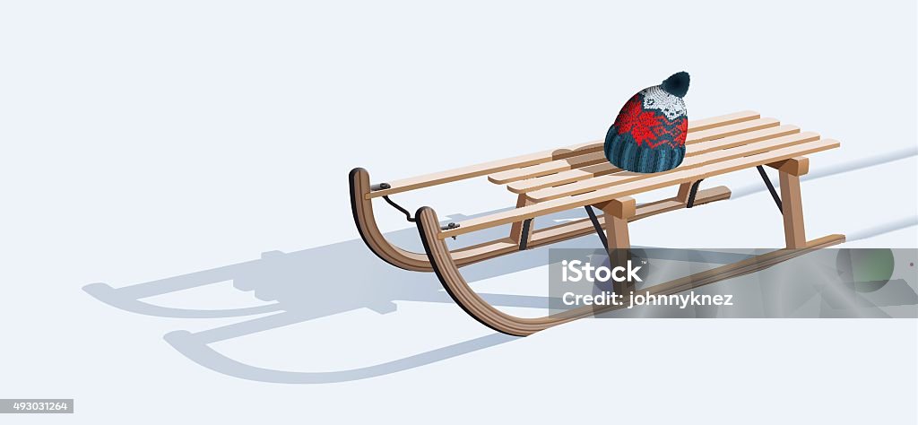 Wooden sled and hat on snow Sled stock vector