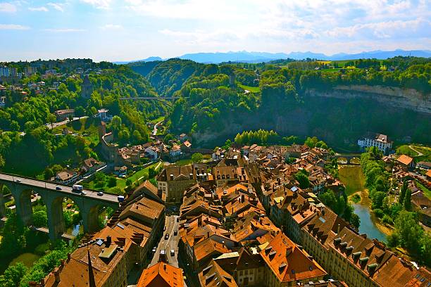 Above Fribourg View of Fribourg, Switzerland from above fribourg city switzerland stock pictures, royalty-free photos & images
