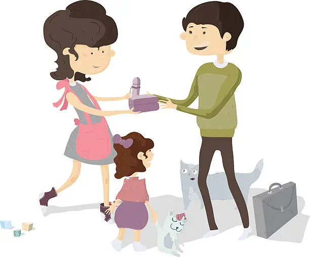 Vector illustration of Mom and daughter see off father and giving bento box