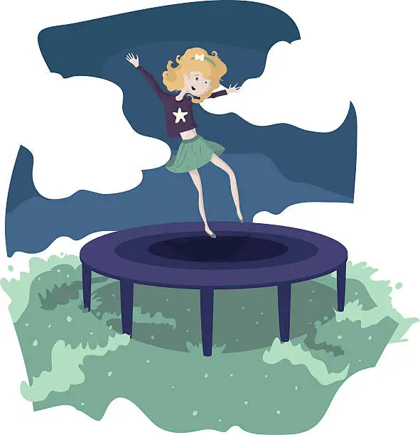 Vector illustration of Teen girl is happy jumping on the trampoline.