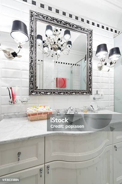 Bathroom Interior With Large Mirror Stock Photo - Download Image Now - 2015, Brick, Design