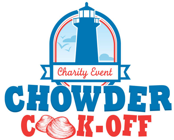 Lighthouse nautical Clam Chowder cookoff label design Vector illustration of a Lighthouse nautical Clam Chowder cookoff logo badge design design. Vintage and retro look. Includes cooking pot or crock pot with open lid, clams, woodcut style. White or isolated on white background. Perfect for cook off invitation design template or poster advertisement flyer. Private or corporate party, festival, event, birthday party, fun family event gathering, potluck supper. chowder stock illustrations