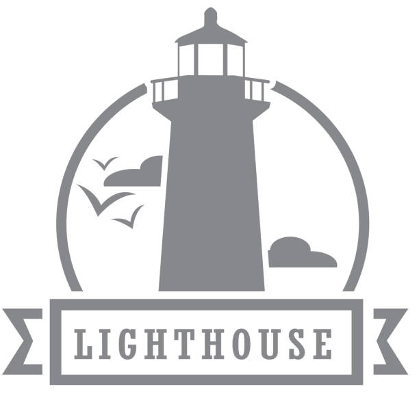 illustrazioni stock, clip art, cartoni animati e icone di tendenza di faro royalty-free icona in scala di grigi o stemma con motivo crest in bianco - lighthouse