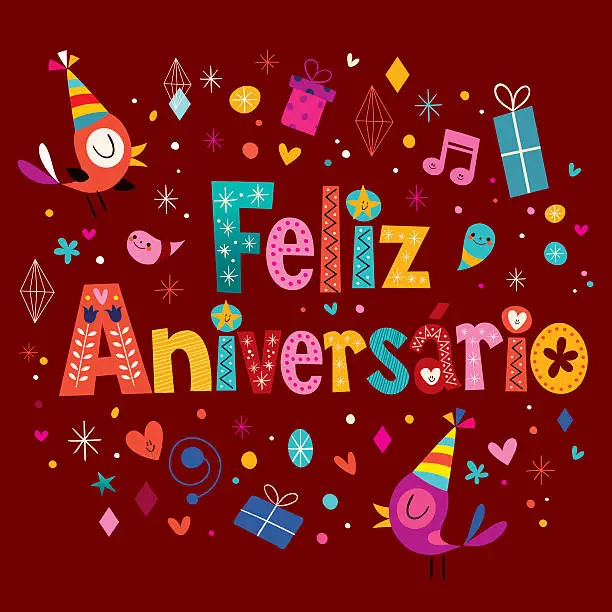 Vector illustration of Feliz Aniversario Portuguese Happy Birthday greeting card