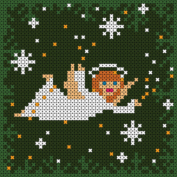 christmas card with angel flying among snow flakes vector art illustration