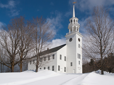 The communal meeting house also called The Town House - was used by various religious denominations in its early history. One of the best examples of New England clapboard church architecture.
