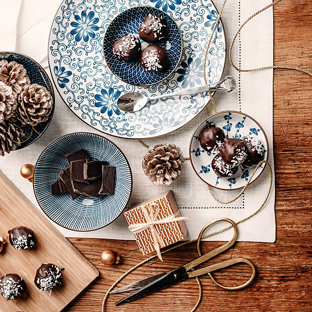 istock Homemade chocolate candy gift overhead table top 493055678