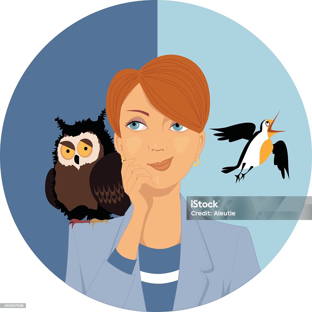 Night owl or morning lark? Portrait of a pensive woman, an owl and a lark on her shoulders, EPS 8 vector illustration Owl stock vector