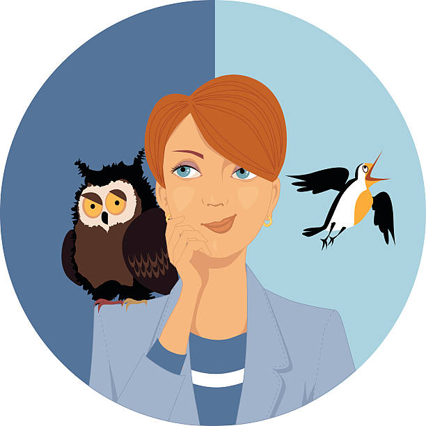 Night owl or morning lark? Portrait of a pensive woman, an owl and a lark on her shoulders, EPS 8 vector illustration the early bird catches the worm stock illustrations