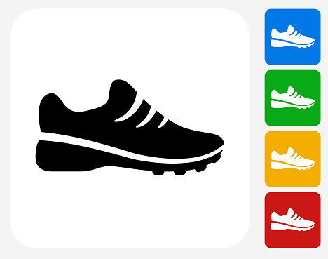 Sneakers Icon. This 100% royalty free vector illustration features the main icon pictured in black inside a white square. The alternative color options in blue, green, yellow and red are on the right of the icon and are arranged in a vertical column.