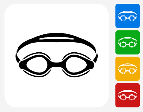 Swimming Goggles Icon. This 100% royalty free vector illustration features the main icon pictured in black inside a white square. The alternative color options in blue, green, yellow and red are on the right of the icon and are arranged in a vertical column.