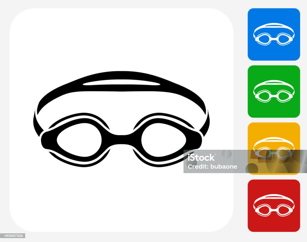 Swimming Goggles Icon Flat Graphic Design Swimming Goggles Icon. This 100% royalty free vector illustration features the main icon pictured in black inside a white square. The alternative color options in blue, green, yellow and red are on the right of the icon and are arranged in a vertical column. Swimming Goggles stock vector