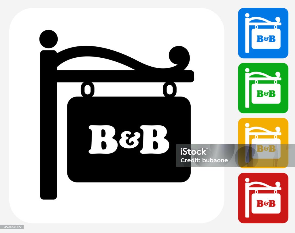 Store Sign Icon Flat Graphic Design Store Sign Icon. This 100% royalty free vector illustration features the main icon pictured in black inside a white square. The alternative color options in blue, green, yellow and red are on the right of the icon and are arranged in a vertical column. Bed and Breakfast stock vector