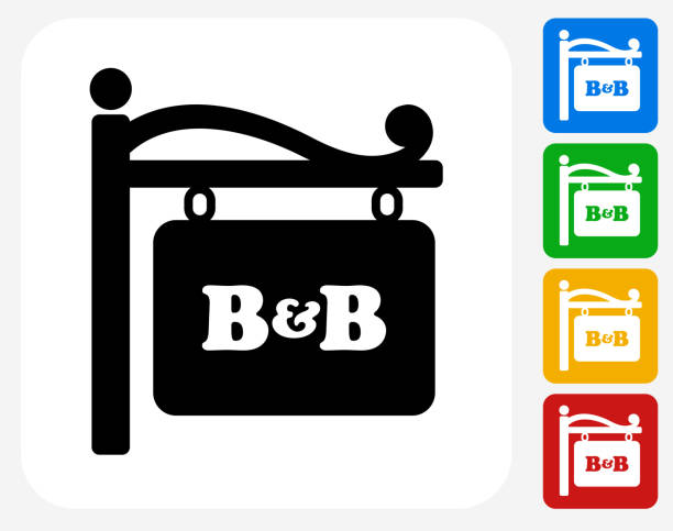 Store Sign Icon Flat Graphic Design Store Sign Icon. This 100% royalty free vector illustration features the main icon pictured in black inside a white square. The alternative color options in blue, green, yellow and red are on the right of the icon and are arranged in a vertical column. bed and breakfast stock illustrations