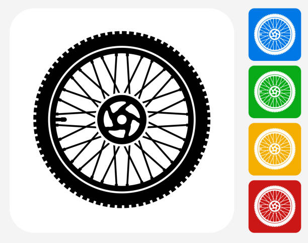 illustrazioni stock, clip art, cartoni animati e icone di tendenza di ruota di bicicletta icona piatto di design grafico - bicycle wheel tire spoke