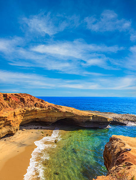 Rocky cove of Point Loma's Sunset Cliff Park fills the foreground leading back to the Pacific Ocean and horizon, San diego, California
