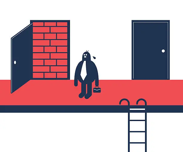 Vector illustration of Businessman climbing the ladder, brick wall behind the open door