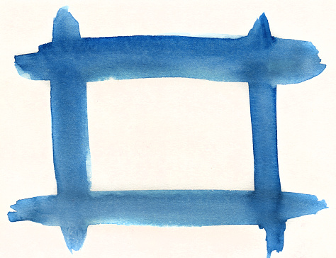 A blue hand painted frame, isolated on white. The frame has a distressed feel with paint pooling and rough edges.