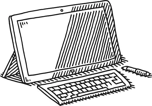Vector illustration of Tablet Computer Keyboard Pen Drawing