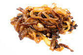 Golden brown fried caramelized onions.