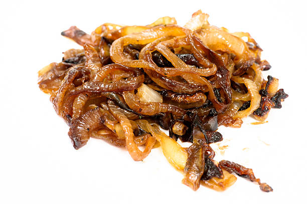 Golden brown fried caramelized onions. stock photo