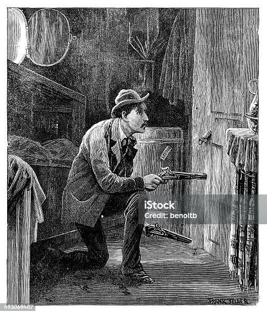 Man Protecting Himself In Cabin Stock Illustration - Download Image Now - 19th Century Style, Adult, Alertness