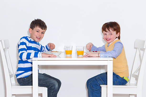 istock Studio Shot Of Two Boys Eating Breakfast Together 493071837