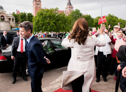 Szczecin, Poland - Mai 14, 2014: Denmark Prince Frederik and Princess Mary visit in Poland. Princess greets people in harbour.