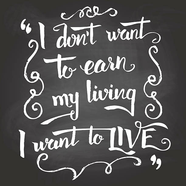 Vintage motivational typographic quote poster I don't want to earn my living, I want to live. Hand-drawn typographic vintage motivational quote poster on blackboard background with chalk oscar wilde stock illustrations