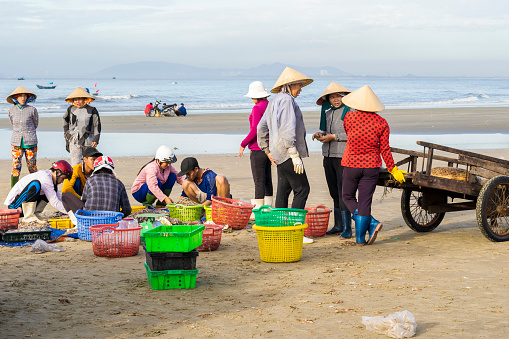 Long Hai, Vietnam - December 21, 2014: Lifestyle activity of local Vietnamese vendors. Local people are usually trade the fish market along the coast in every morning. 