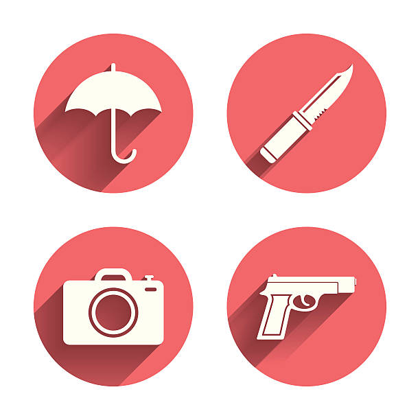 ilustrações, clipart, desenhos animados e ícones de armas.   faca, guarda-chuva, câmera de fotos - currency crime gun conflict