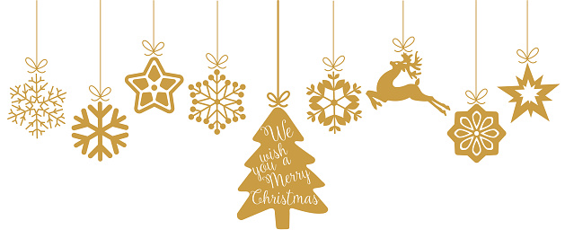 Christmas elements hanging line gold isolated background.